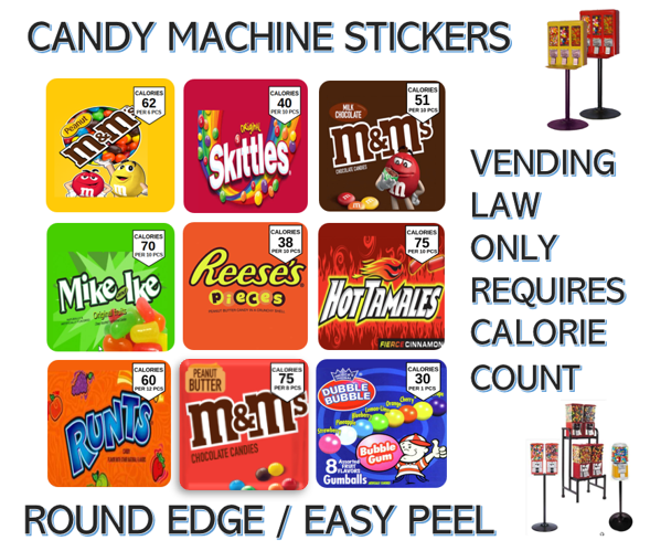 2.5 Candy Vending Machine Labels Stickers (12 Pack)