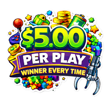 Load image into Gallery viewer, Colorful advertisement for a game with $5.00 per play and 'Winner Every Time' text, featuring game controllers and coins.
