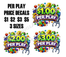 Load image into Gallery viewer, Colorful per play price decals for games with $1, $2, $3, and $5 prices on a white background.
