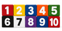 Load image into Gallery viewer, A set of colorful wooden number blocks arranged in two rows on a white background, showing numbers 1 through 10 in red, yellow, blue, orange, green, black, white, purple, blue, and red.
