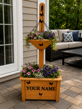 Load image into Gallery viewer, Wooden planter with flowers on a patio, personalized with 'Your Name'.