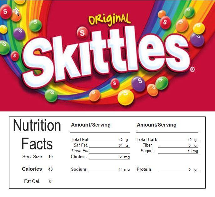 Skittles Vending Machine Candy Label Sticker With NUTRITION size B