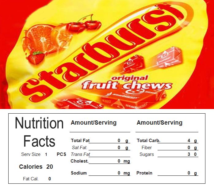 Starburst Vending Machine Candy Label Sticker With NUTRITION size