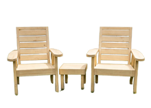 Load image into Gallery viewer, Two wooden chairs and a small table on a white background
