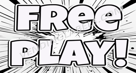 Comic-style text 'FREE PLAY!' with black and white design elements.
