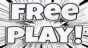 Comic-style text 'FREE PLAY!' with black and white design elements.