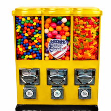 Load image into Gallery viewer, Yellow gumball machine with colorful gumballs and a 'Veteran Owned Business' label.

