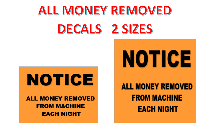MONEY REMOVED CRANE CLAW SODA SNACK ATM Sticker Label for Vending Machines decal