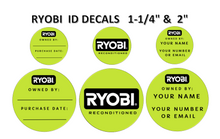 Load image into Gallery viewer, Ryobi Tool one+ ID Stickers Decals 1.25&quot; &amp;  2&quot;
