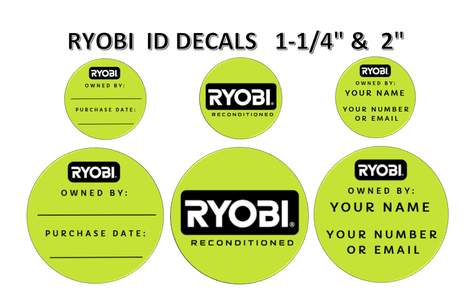 Ryobi Tool one+ ID Stickers Decals 1.25