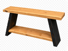 Load image into Gallery viewer, A rustic wooden bench with a natural light brown top and lower shelf, supported by dark stained A-frame legs, shown on a transparent background.
