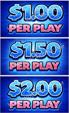 Load image into Gallery viewer, Three pricing signs for play, each with a different price per play on a blue background.
