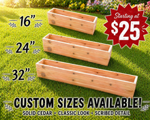 Load image into Gallery viewer, Three wooden planters of different sizes on grass with a price tag and promotional text.
