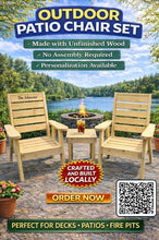 Load image into Gallery viewer, Wood outdoor patio chair set

2 chairs

1 side table

paint or stain recommended for longevity&nbsp;

customization option for wood burn name on top back slat
