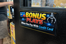 Load image into Gallery viewer, Bonus Plays credit card Payments Label Decal Crane / Claw Sticker
