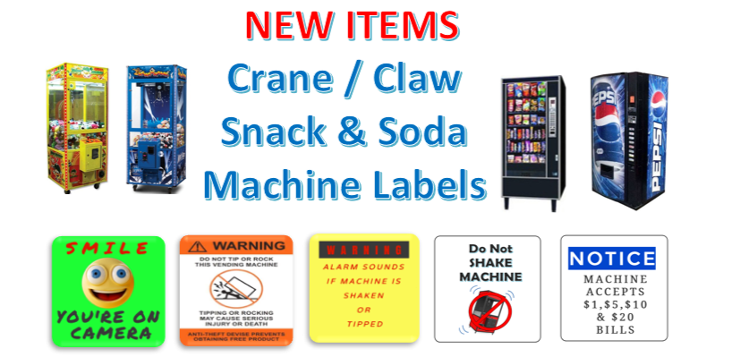 CRANE / CLAW Soda Snack Sticker Label for Vending Candy Crane Machines