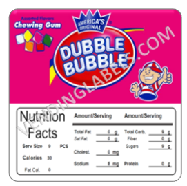 Double Bubble Tab Gum Vending Machine Candy Label Sticker With NUTRITION size