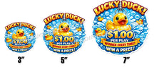 Load image into Gallery viewer, Three colorful 'Lucky Duck!' game tokens with different sizes and prices.
