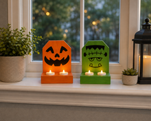 Load image into Gallery viewer, Pair of Wooden Handmade Holiday LED tea light decoration Halloween wall sconce wood candle holder
