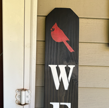 Load image into Gallery viewer, wood Handmade locally porch deck sign leaner welcome cardinal home
