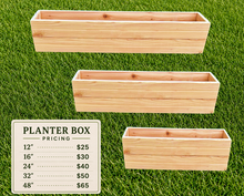 Load image into Gallery viewer, Three wooden planter boxes of different sizes on grass with a pricing chart.
