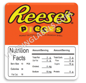 Reeses Pieces Vending Machine Candy Label Sticker With NUTRITION size