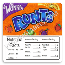 Runts Vending Machine Candy Label Sticker With NUTRITION size