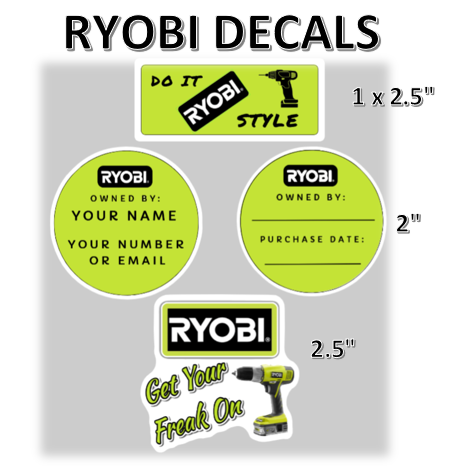 Ryobi Tool one+ ID Stickers Decals Owned By Customizable