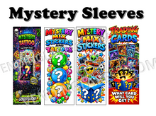 Load image into Gallery viewer, Four colorful mystery bundle packages labeled 'Mystery Sleeves' on a white background, including tattoo, sticker, and trading card mystery sets with question marks and bright graphic artwork.
