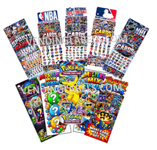 Load image into Gallery viewer, A bundle of various Pokémon trading card sticker packs and sheets, including Mystery Mix Sticker Packs, featuring characters like Pikachu and various sports team logos such as NBA, NFL, MLB, NHL, and FIBA, arranged on a plain white background.
