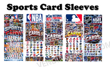 Load image into Gallery viewer, A promotional graphic showing five tall sports card sleeve designs with team and league logos including MLB, NBA, NFL, and NHL, plus large text reading 'Sports Card Sleeves' at the top.
