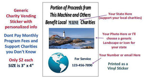2 Pack CUSTOM CHARITY Stickers for Vending Candy Labels Machines 3" x 4" - Vending Labels