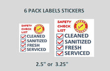 Load image into Gallery viewer, 6 pack Food Safety Label Sticker Checklist Candy Vending 2.5&quot; or 3.25&quot;  full
