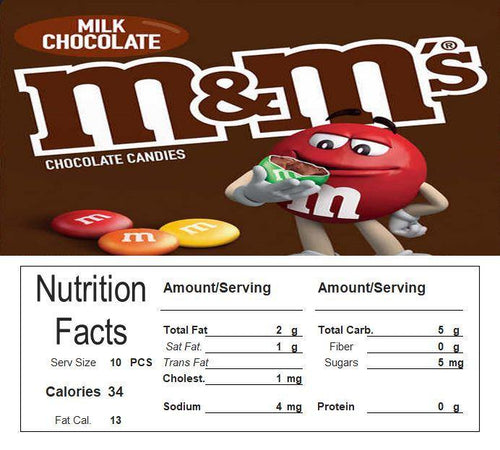 M&M Plain Vending Machine Candy Label Sticker With NUTRITION