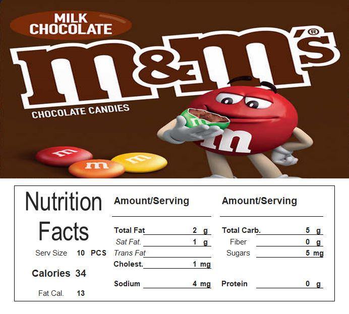 M&M Plain Vending Machine Candy Label Sticker With NUTRITION