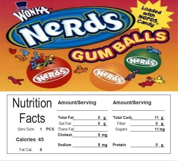 Nerd Gumballs Vending Machine Candy Label Sticker With NUTRITION size