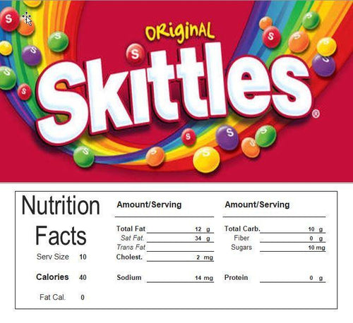 Skittles Vending Machine Candy Label Sticker With NUTRITION